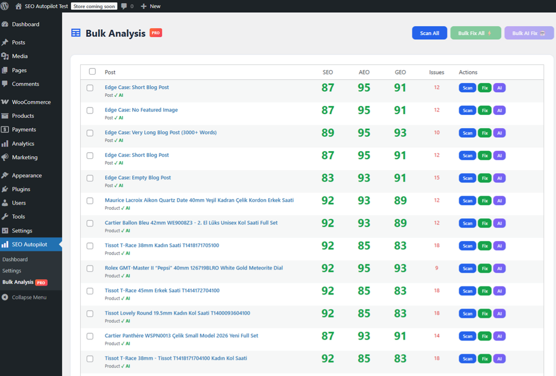 SEO Autopilot Bulk Analysis showing all posts and products with SEO, AEO, and GEO scores, Scan, Fix, and AI buttons