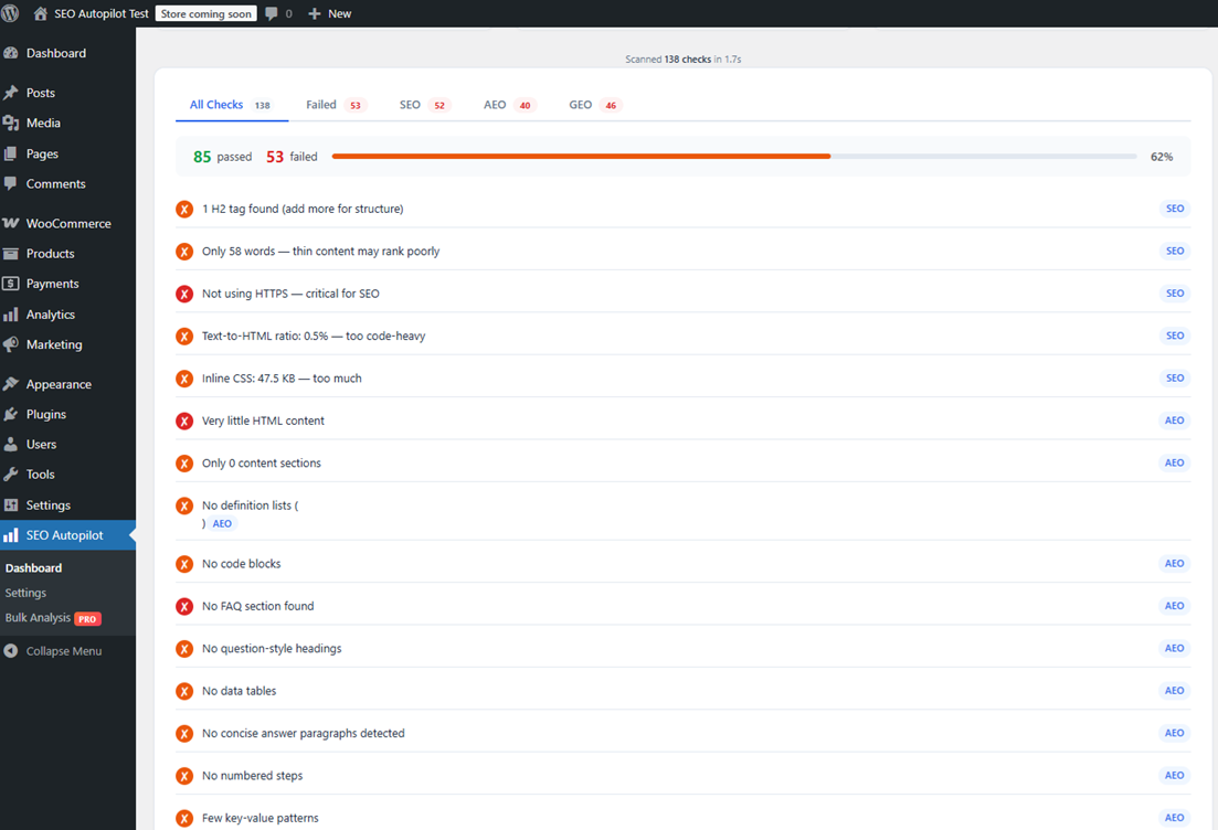 SEO Autopilot detailed check list showing SEO, AEO, and GEO checks with pass/fail status
