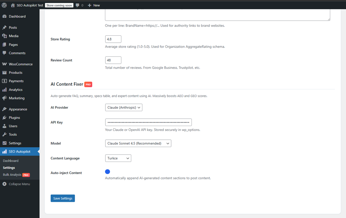 SEO Autopilot AI Content Fixer settings with Claude API key, model selection, and content language